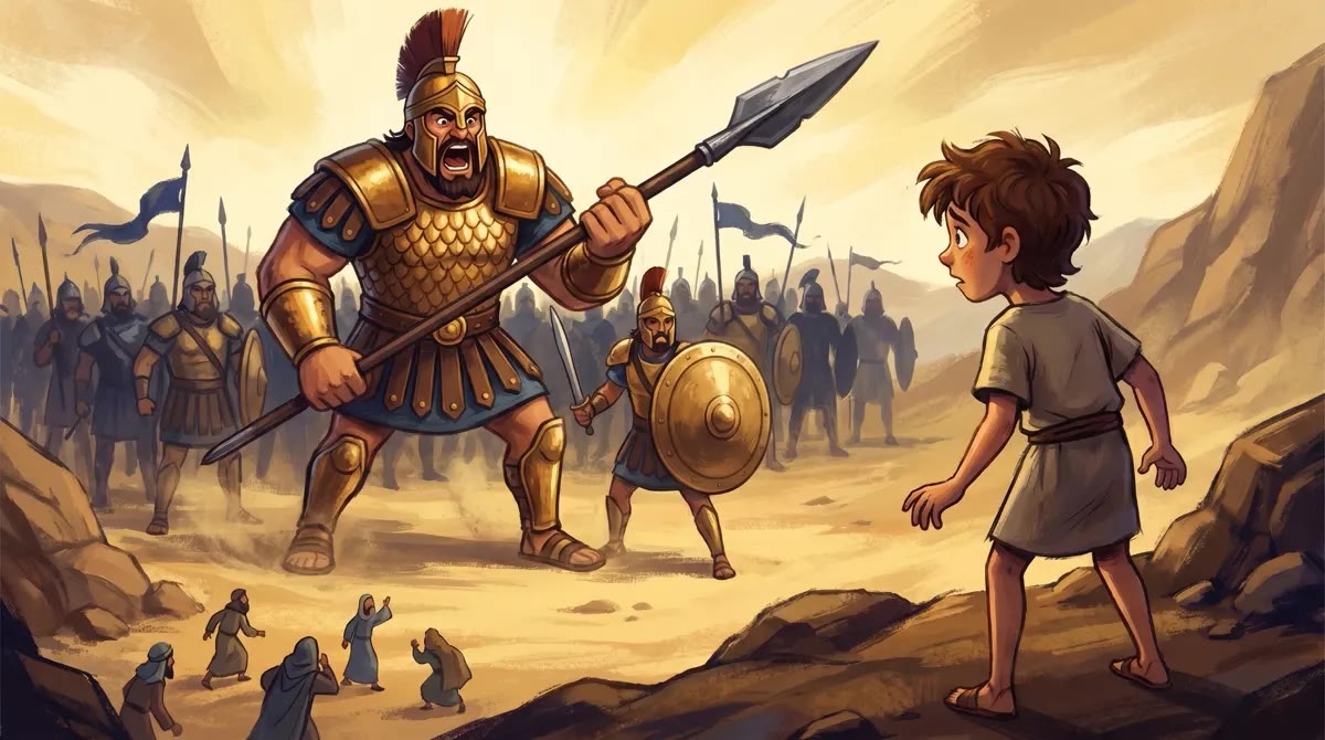 David standing before Goliath in the valley of Elah