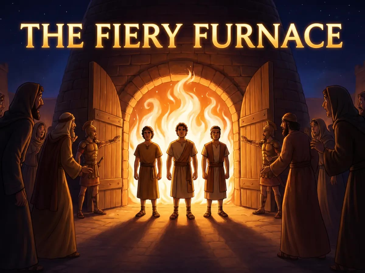 The fiery furnace with Shadrach, Meshach, and Abednego standing before the flames