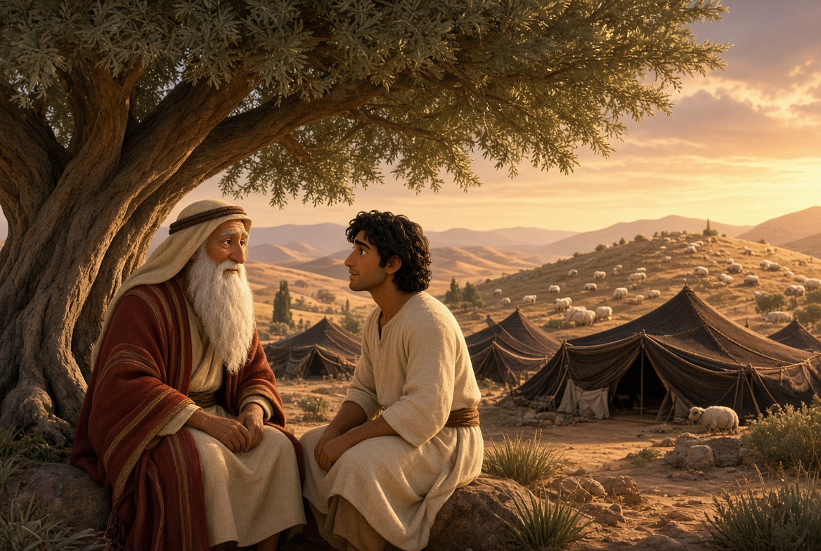 Abraham and Isaac walking together toward the mountain of Moriah