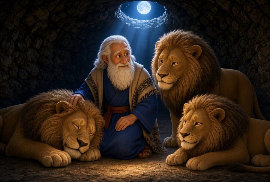 Daniel kneeling among calm lions in a moonlit den