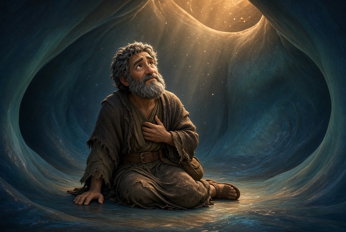 Jonah on a stormy sea being watched by a great fish