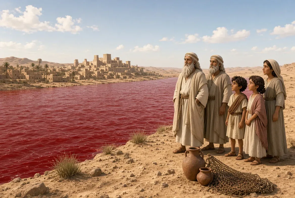 Moses, Aaron, Caleb and Miriam beside the crimson Nile