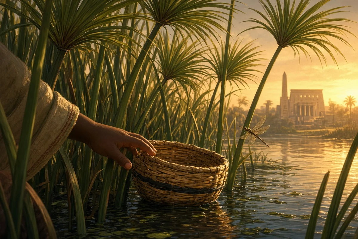 A papyrus basket floating in tall Nile reeds at golden hour