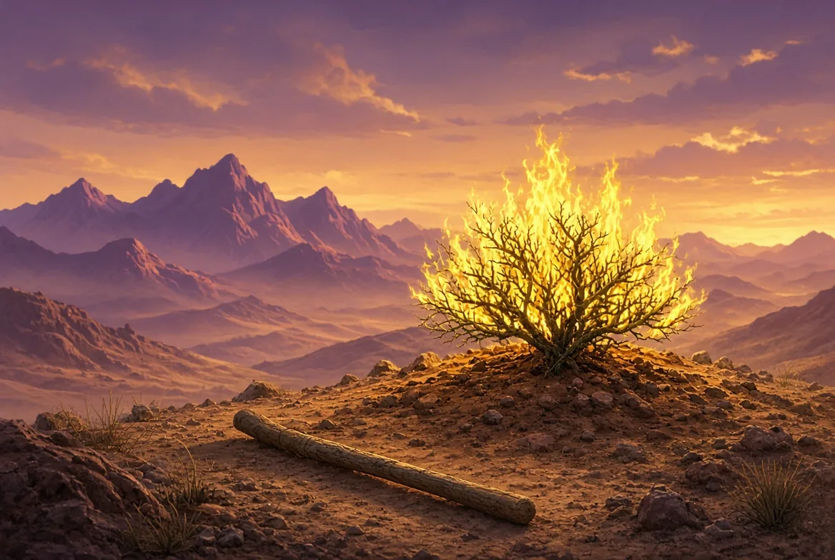 Moses standing before the burning bush on Mount Horeb
